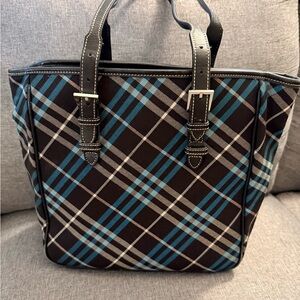 Burberry London Blue Label (Black Plaid Tote Bag with Blue Accents) Authentic